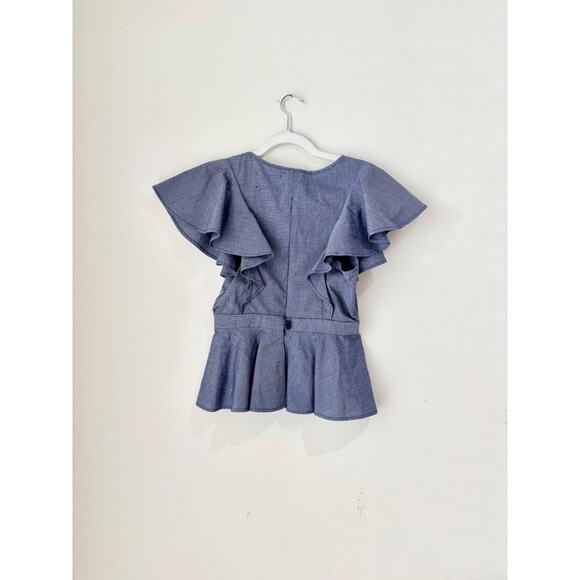 Azulu Chambray Cotton Ruffle Flutter Sleeve Peplum Blouse Blue Women's Size XS - Picture 2 of 4